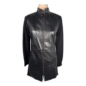 Carlisle Black Leather Merino Wool Knit‎ Combo Zip Front Long Jacket US 2